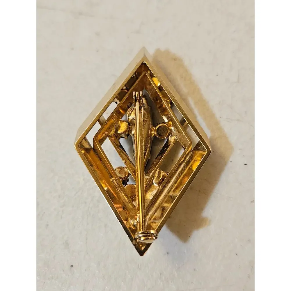 Vintage Black Rhinestone Geometric Gold Tone Brooch Art Deco Revival Pin